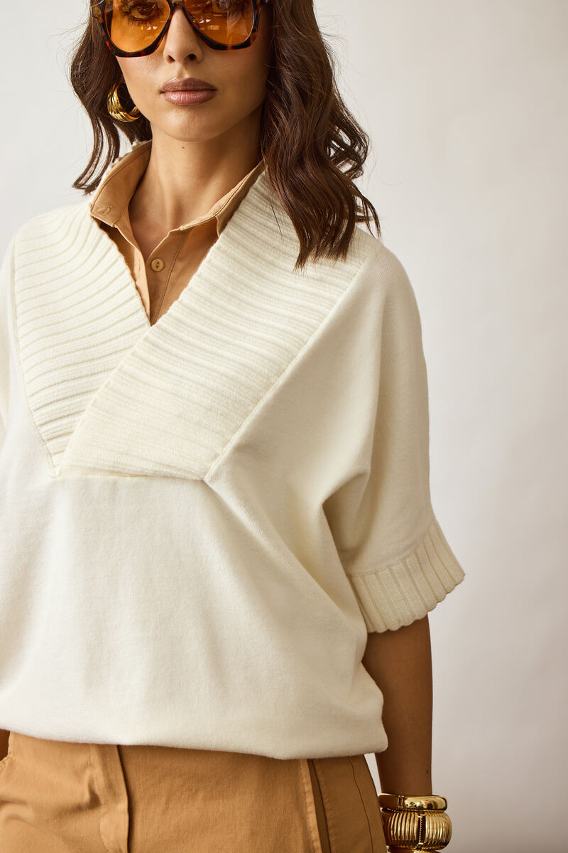 Pull Scollo V Coste panna|Colore:Panna