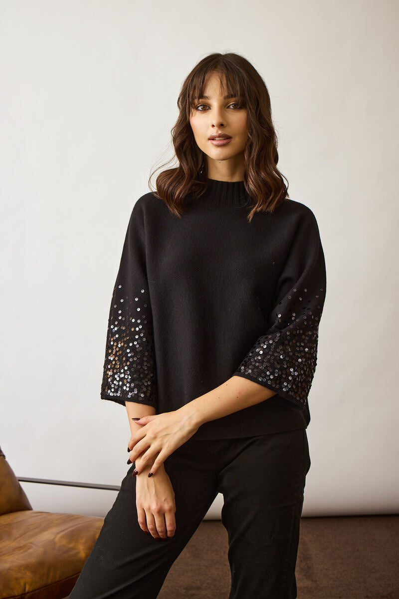 Pull Paillettes Su Manica Nero|Colore:Nero