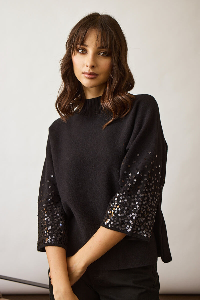 Pull Paillettes Su Manica Nero|Colore:Nero
