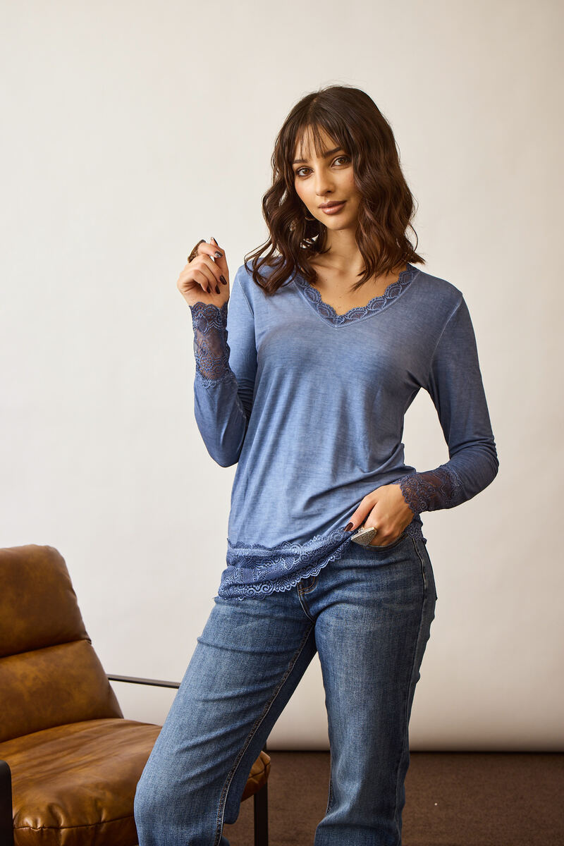 Maglia Manica Lunga Pizzo Viscosa Avion|Colore:Avion