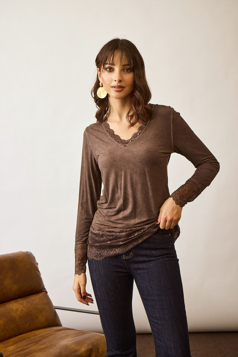 Maglia Manica Lunga Pizzo Viscosa Testa di moro|Colore:Testa di moro