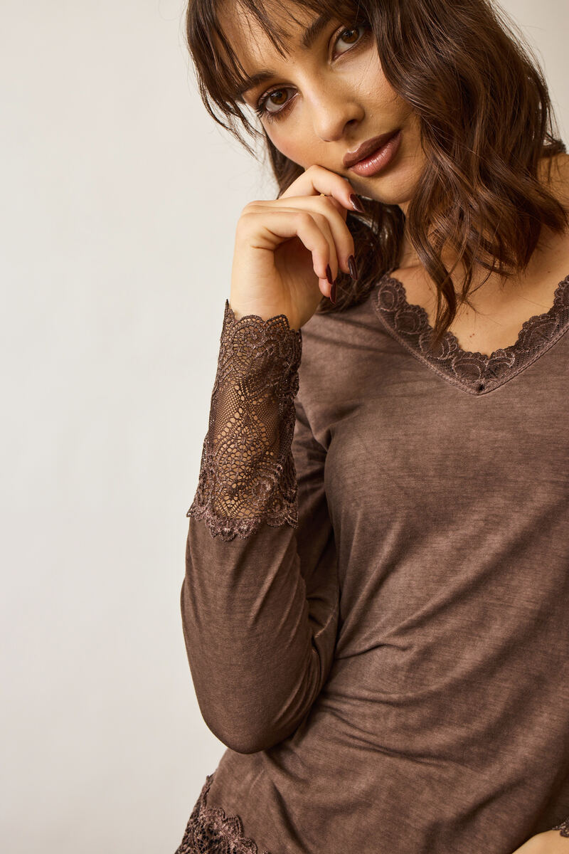 Maglia Manica Lunga Pizzo Viscosa Testa di moro|Colore:Testa di moro