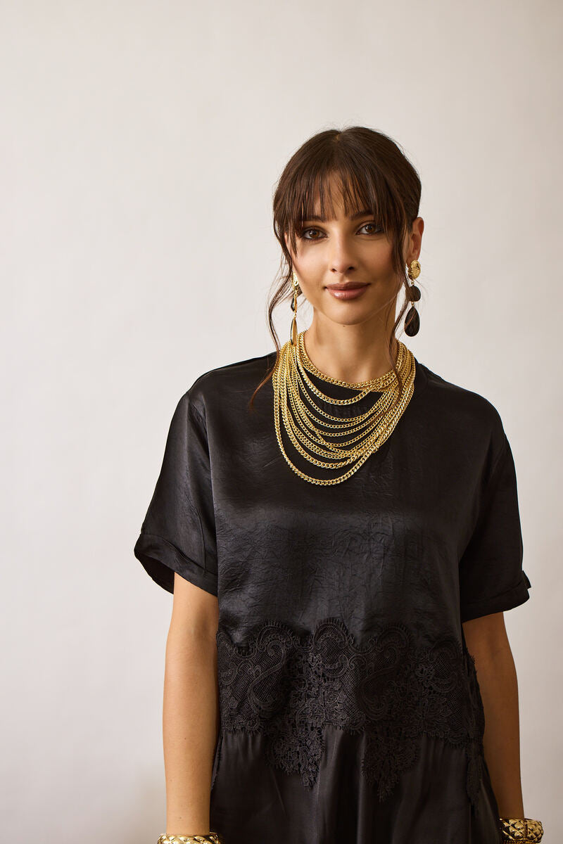 Maxi T-Shirt Satin E Pizzo nero|Colore:Nero