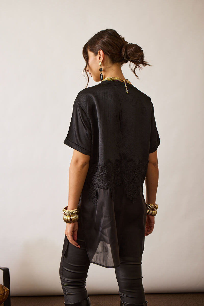 Maxi T-Shirt Satin E Pizzo nero|Colore:Nero