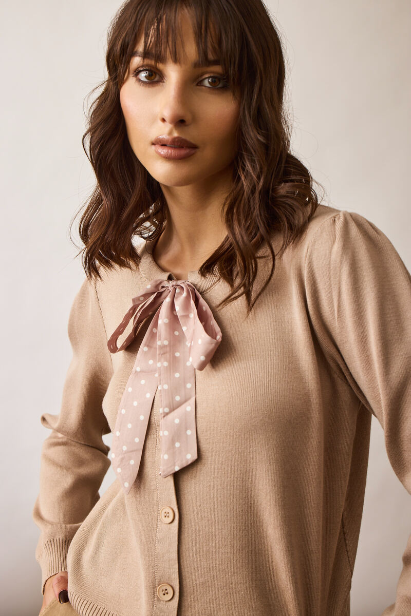 Cardigan Con Fiocco Pois fango|Colore:Fango