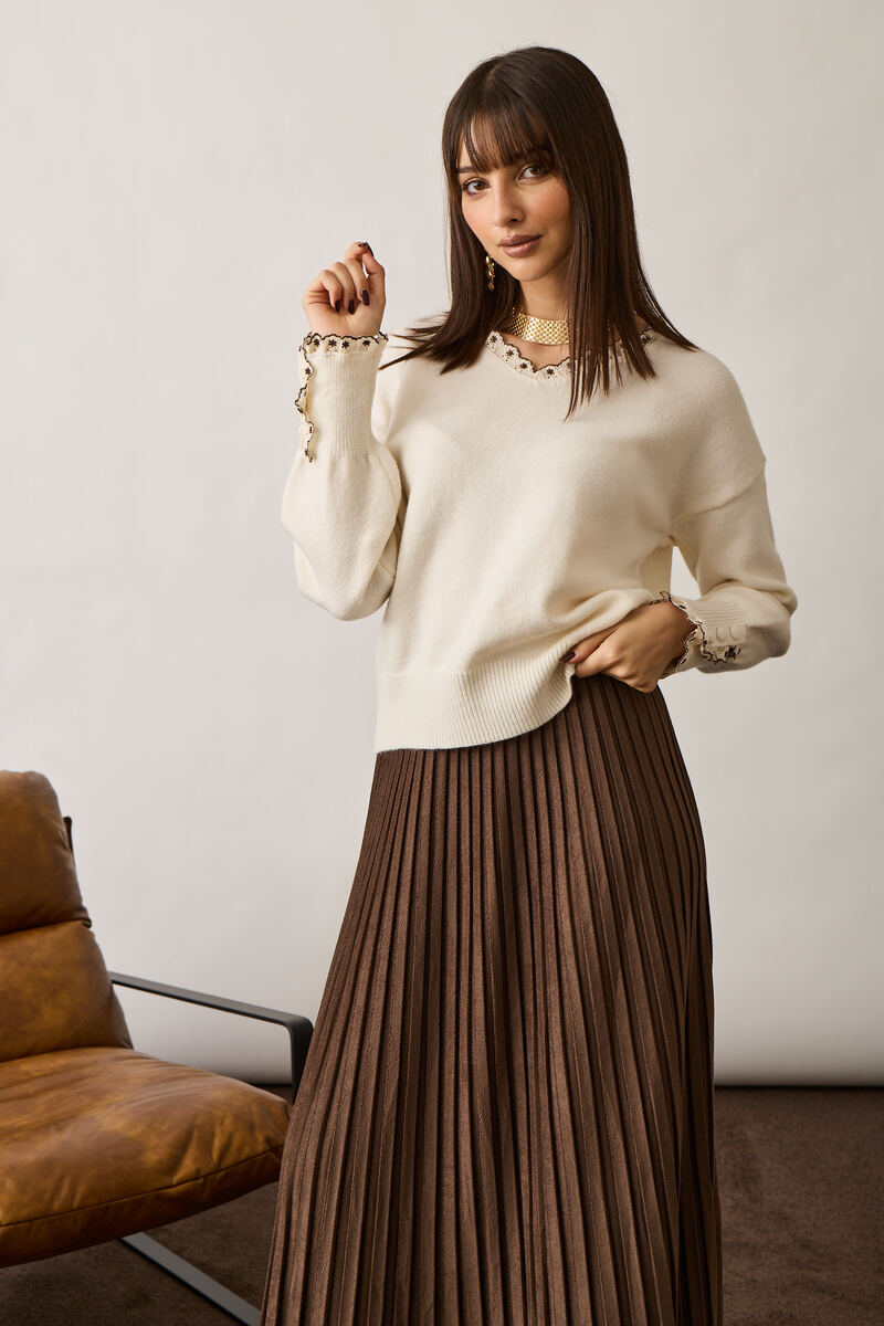 Pull Scollo V Con Macramé Panna|Colore:Panna