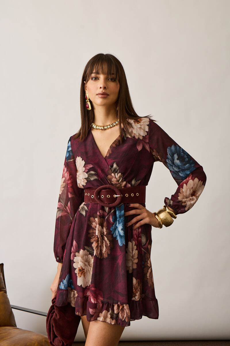 Abito Incrocio Fiori Borgogna|Colore:Borgogna