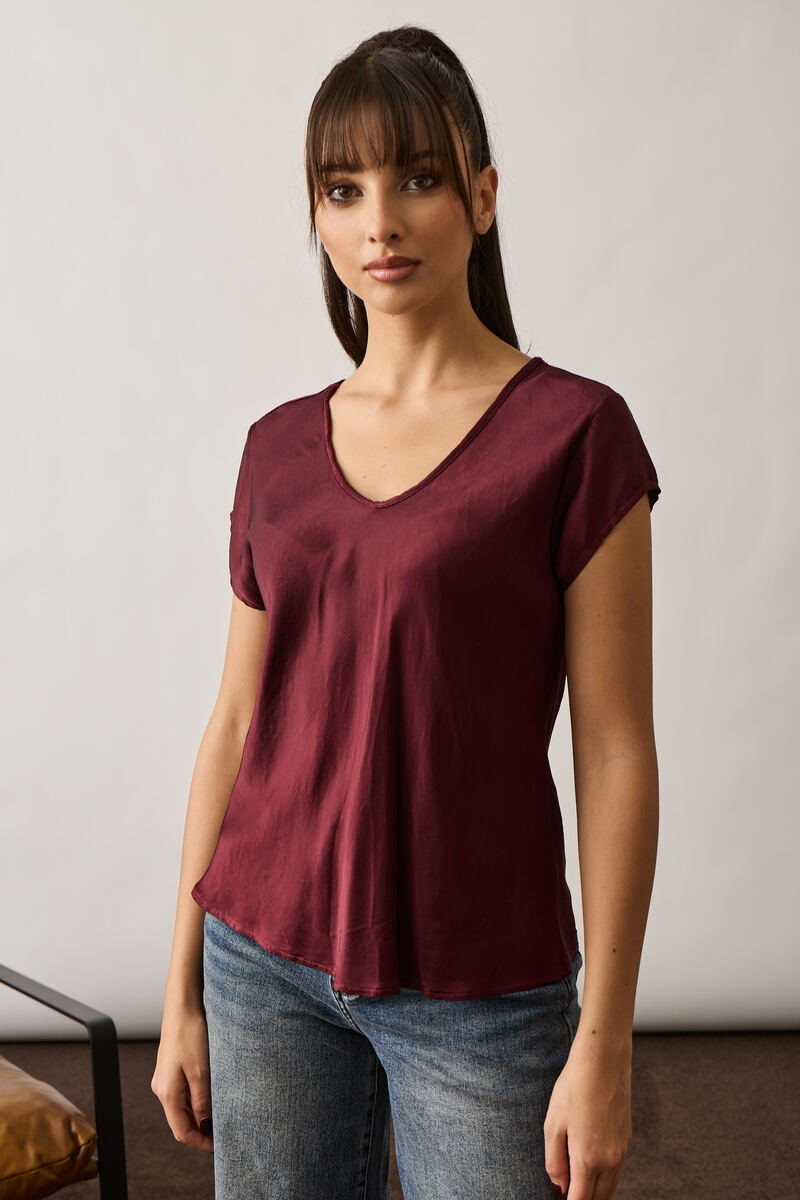 Blusa Satin Doppio Scollo V Bordeaux|Colore:Bordeaux