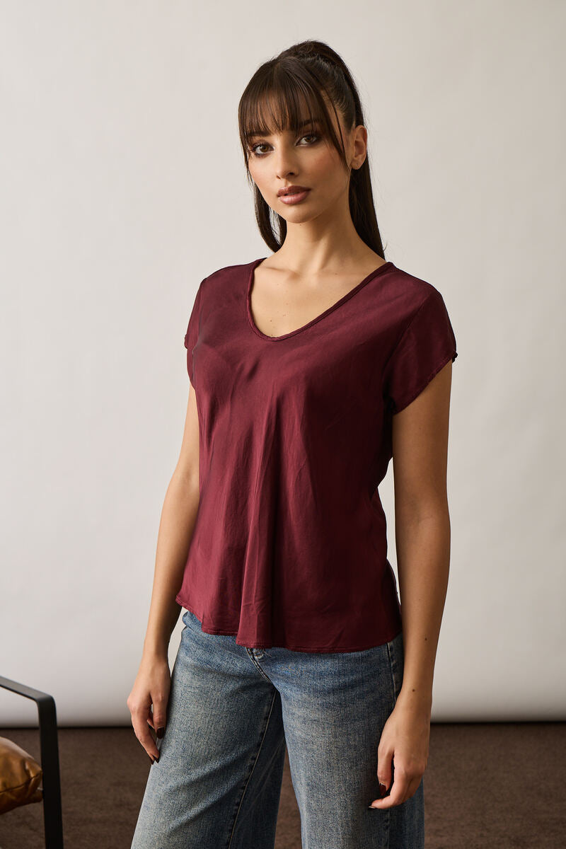 Blusa Satin Doppio Scollo V Bordeaux|Colore:Bordeaux