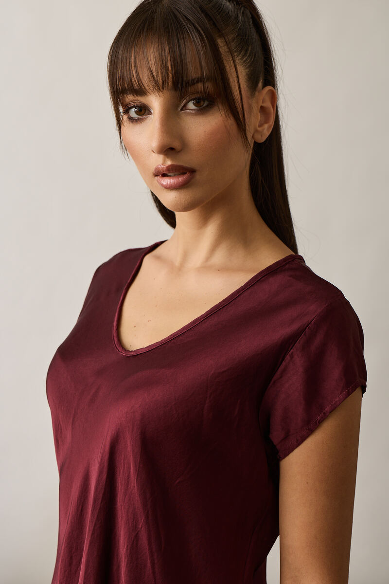 Blusa Satin Doppio Scollo V Bordeaux|Colore:Bordeaux