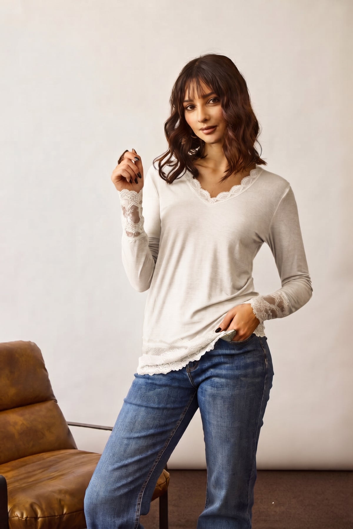 Maglia Manica Lunga Pizzo Viscosa Gesso|Colore:Gesso