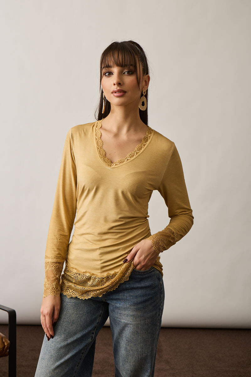Maglia Manica Lunga Pizzo Viscosa Ocra|Colore:Ocra