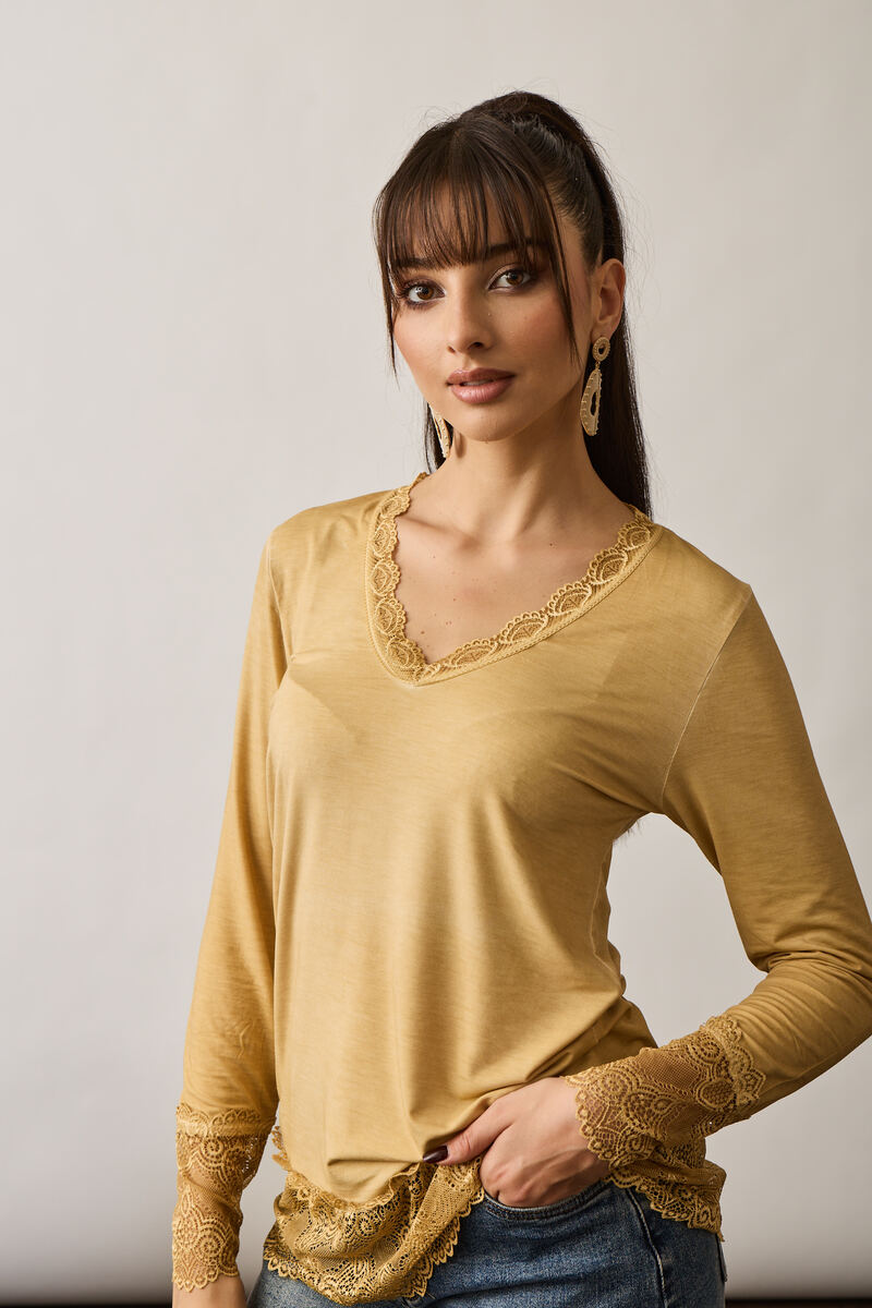 Maglia Manica Lunga Pizzo Viscosa Ocra|Colore:Ocra