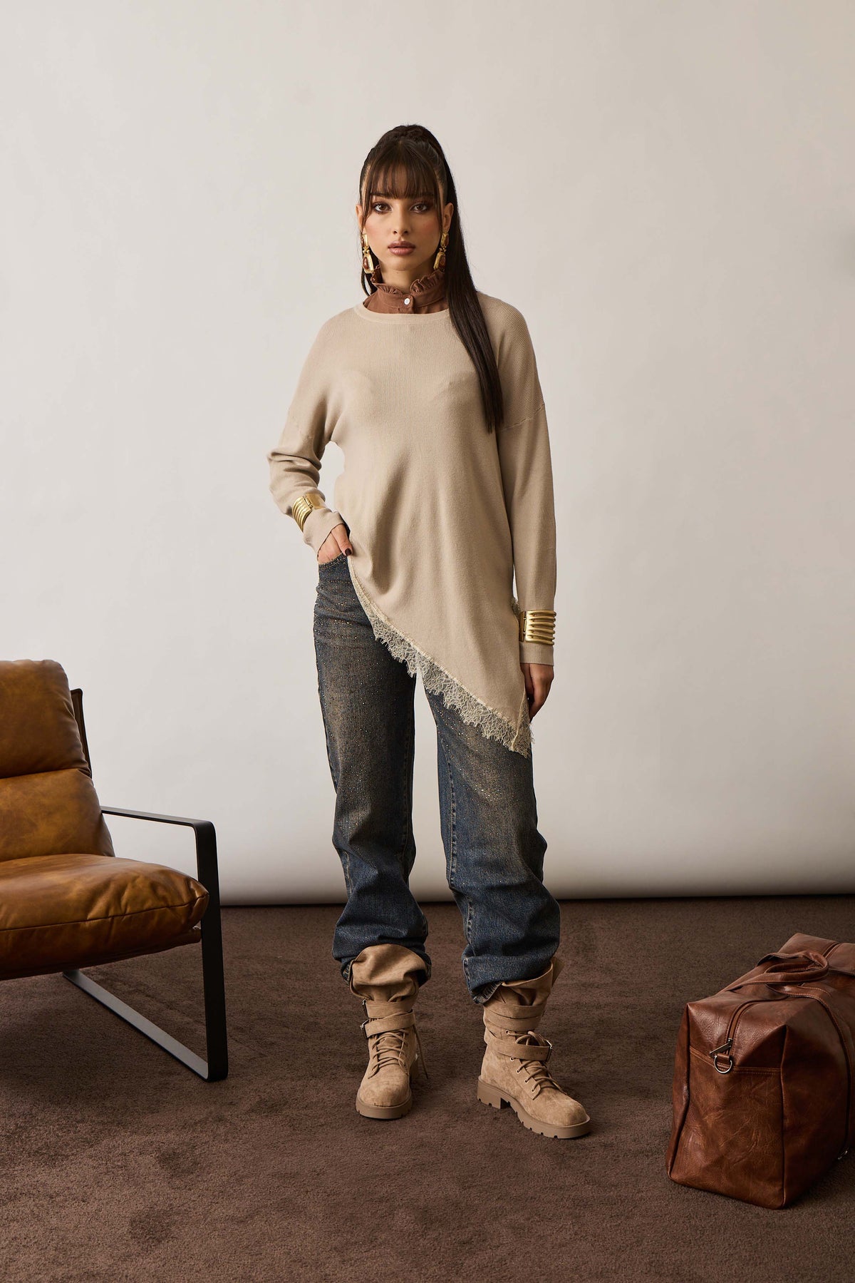 Pull Leggero Con Pizzo beige|Colore:Beige