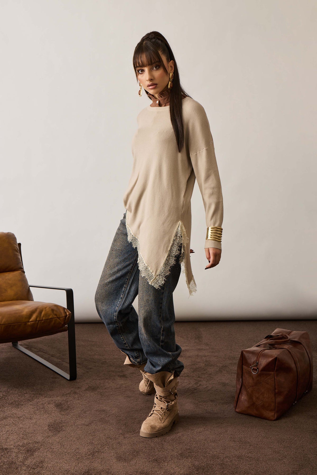 Pull Leggero Con Pizzo beige|Colore:Beige