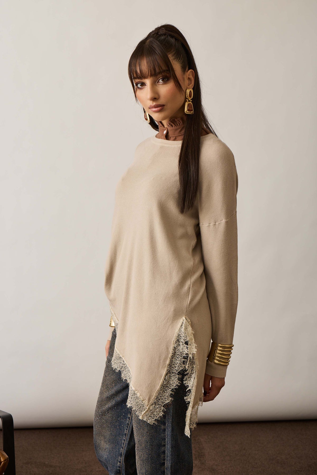 Pull Leggero Con Pizzo beige|Colore:Beige
