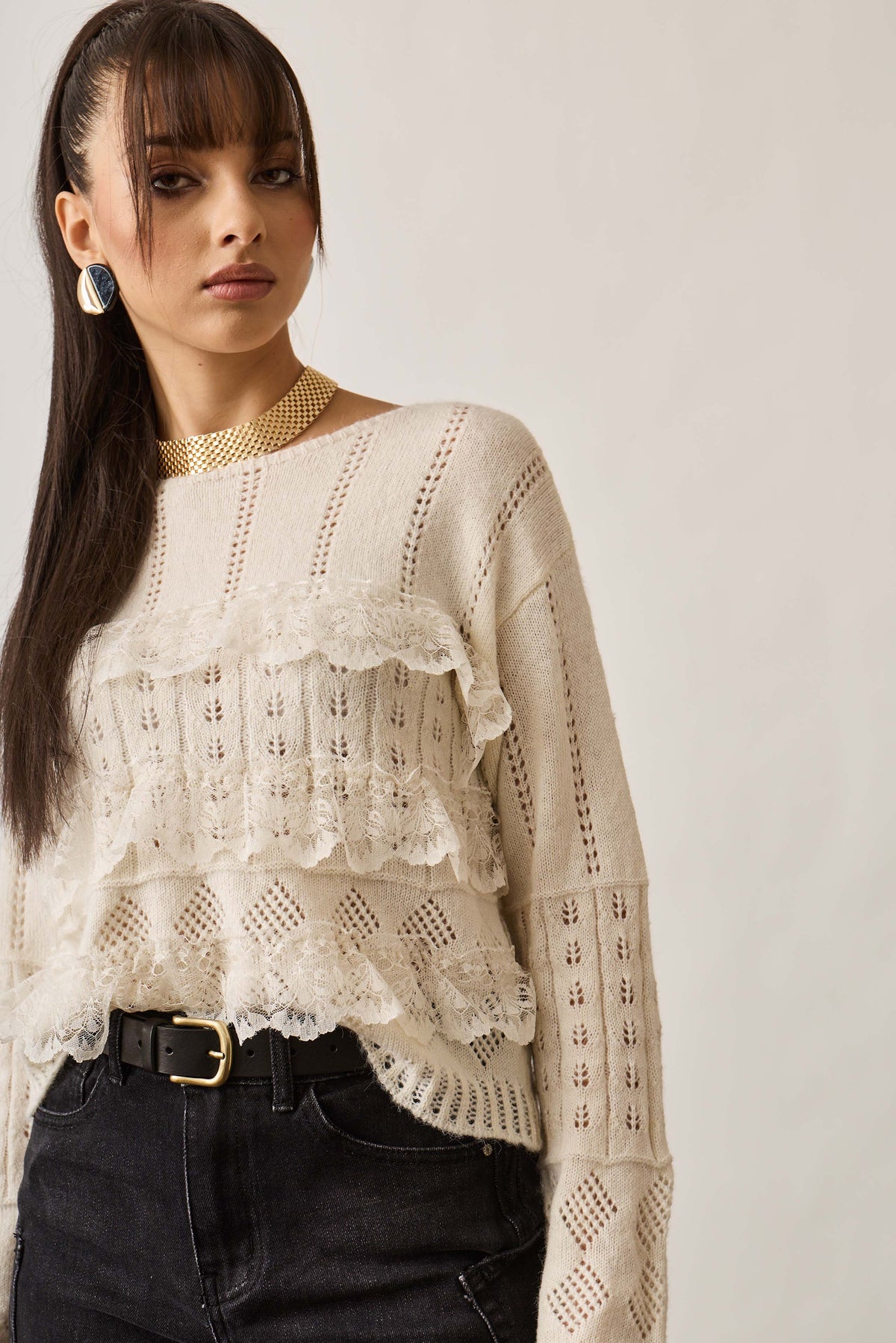 Pull Fasce Pizzo panna|Colore:Panna