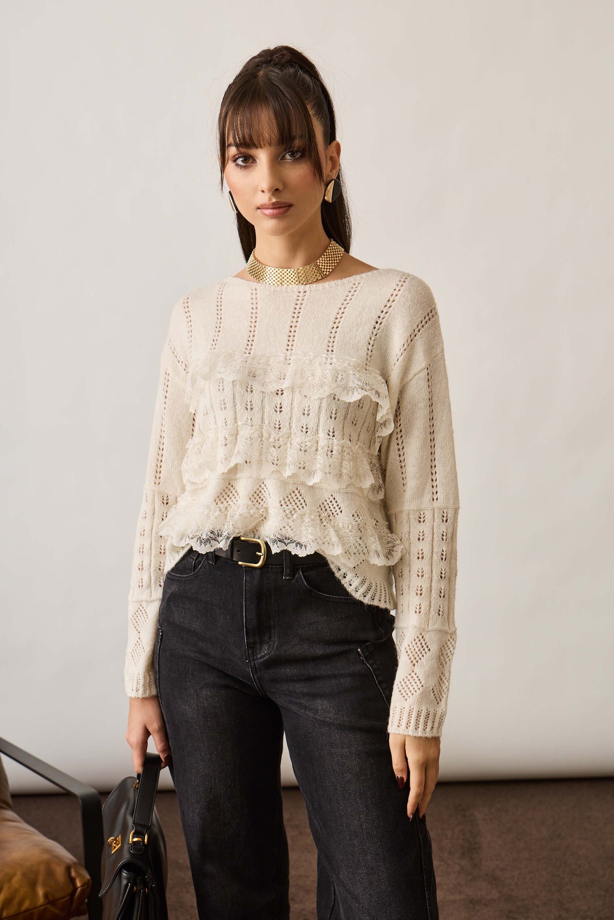 Pull Fasce Pizzo panna|Colore:Panna