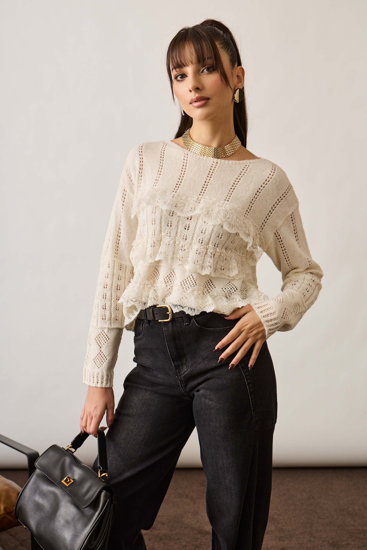 Pull Fasce Pizzo panna|Colore:Panna