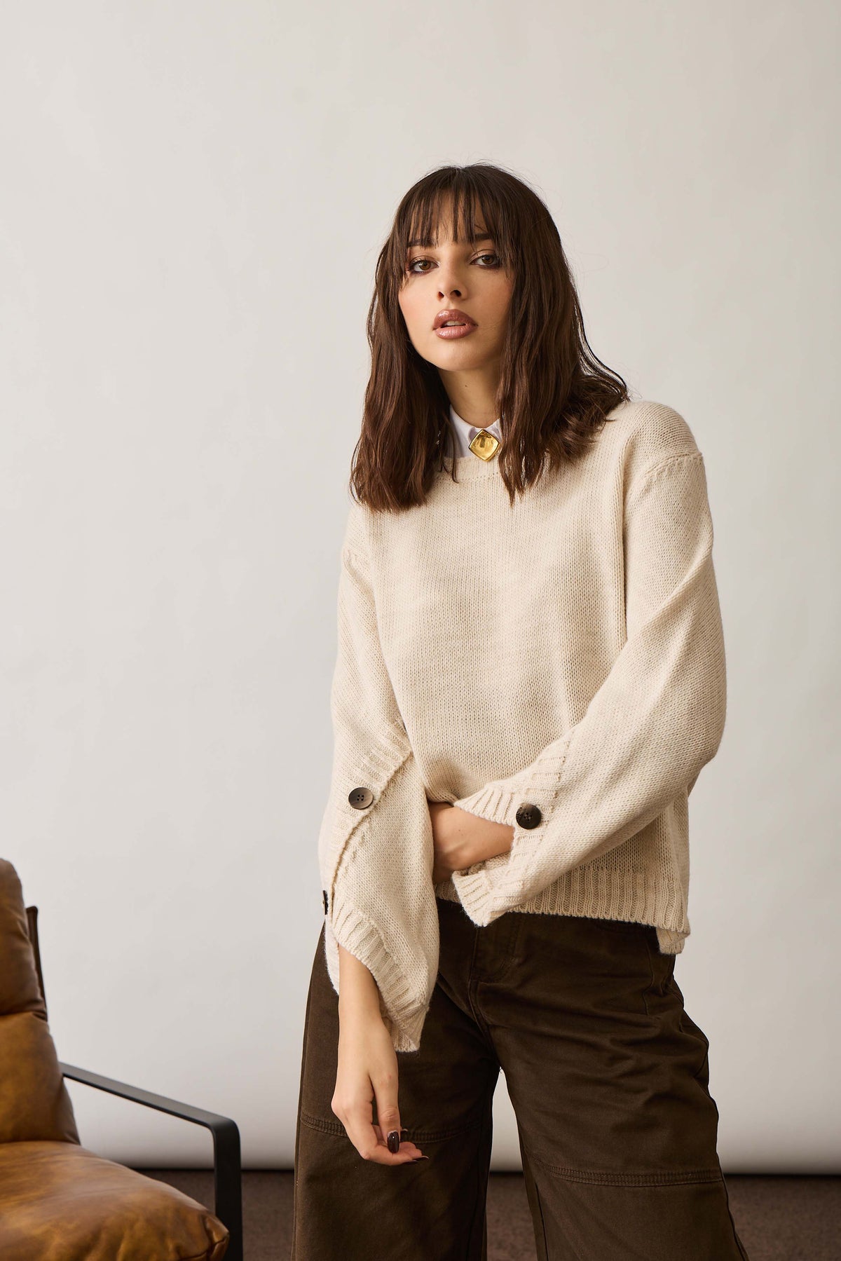 Pull Girocollo Con Bottoni Gesso|Colore:Gesso