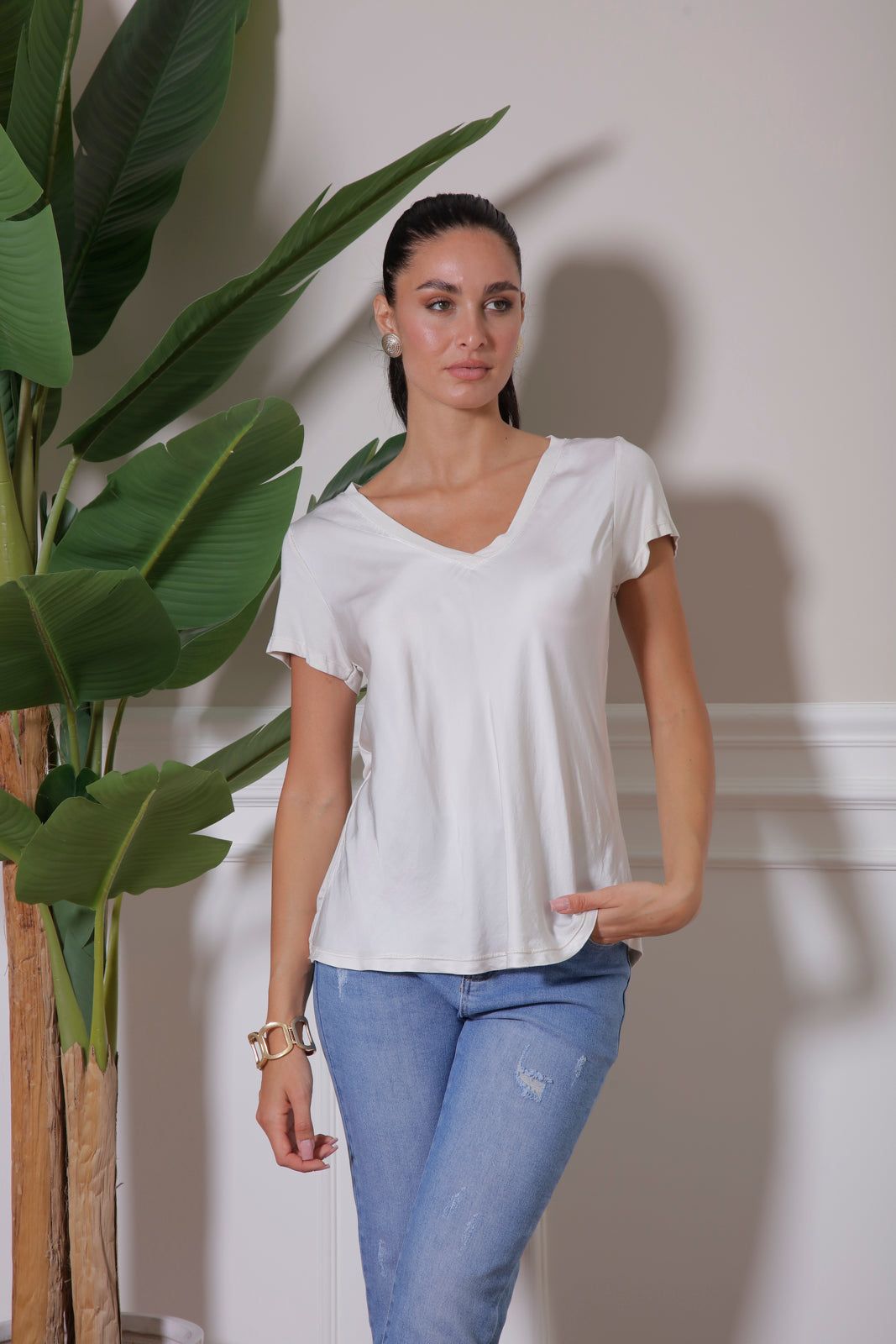 Blusa Mezza Manica Seta E Viscosa Gesso