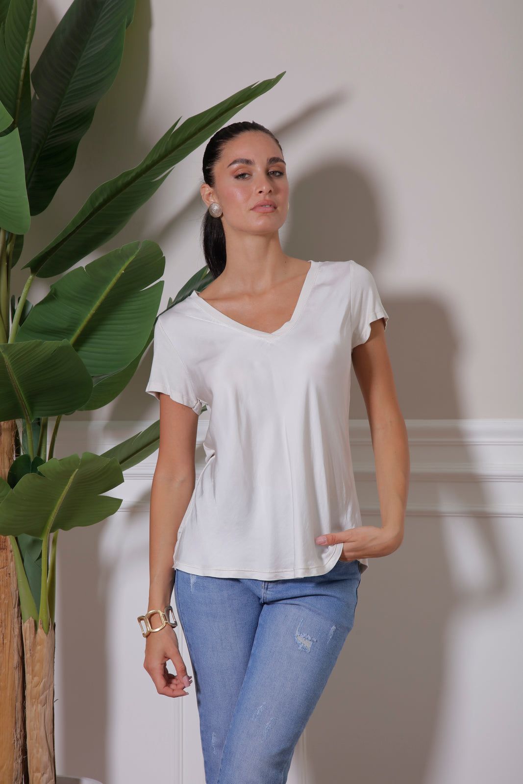 Blusa Mezza Manica Seta E Viscosa Gesso