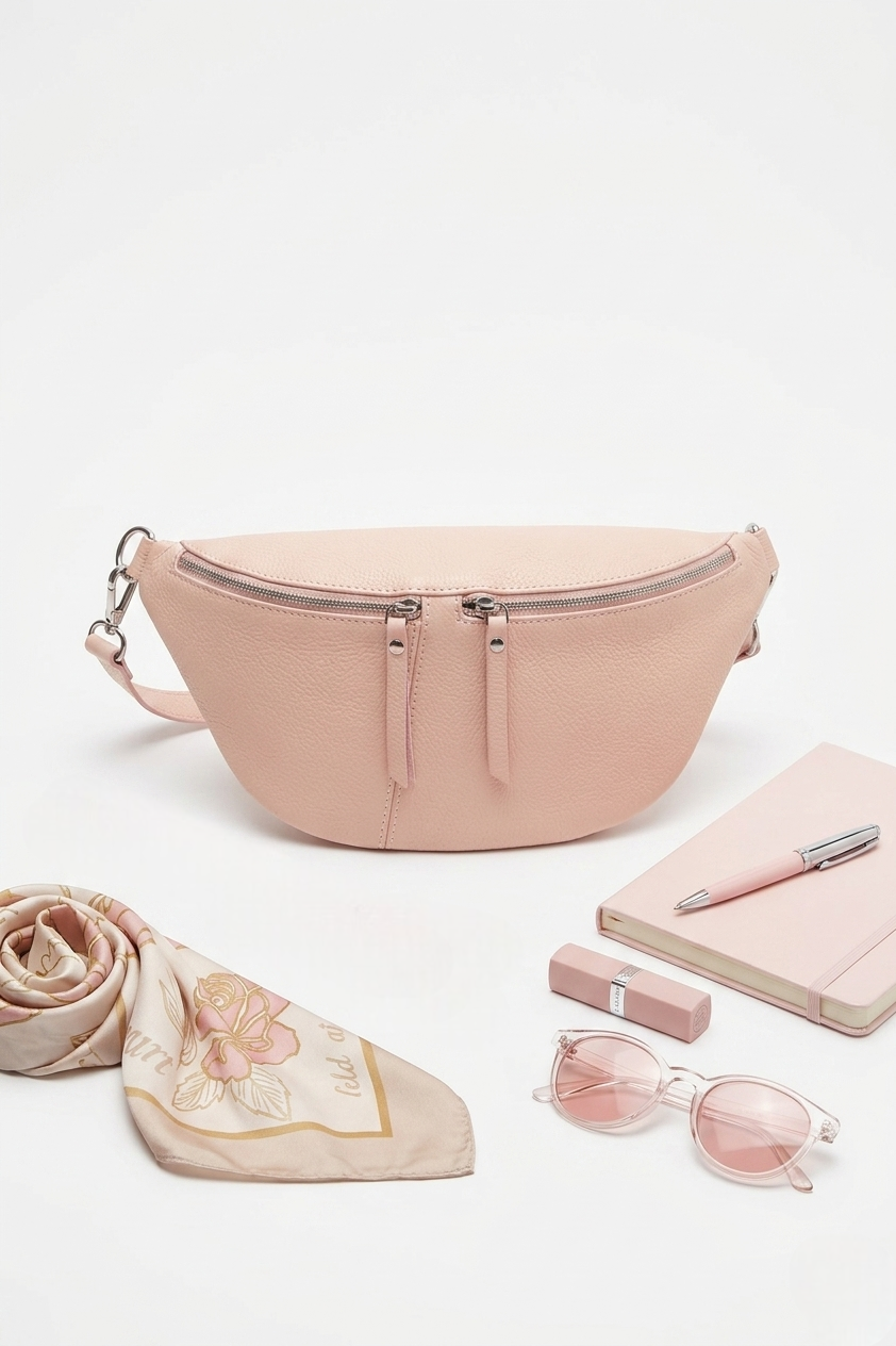 Marsupio In Pelle 2 Zip Rosa Chiaro