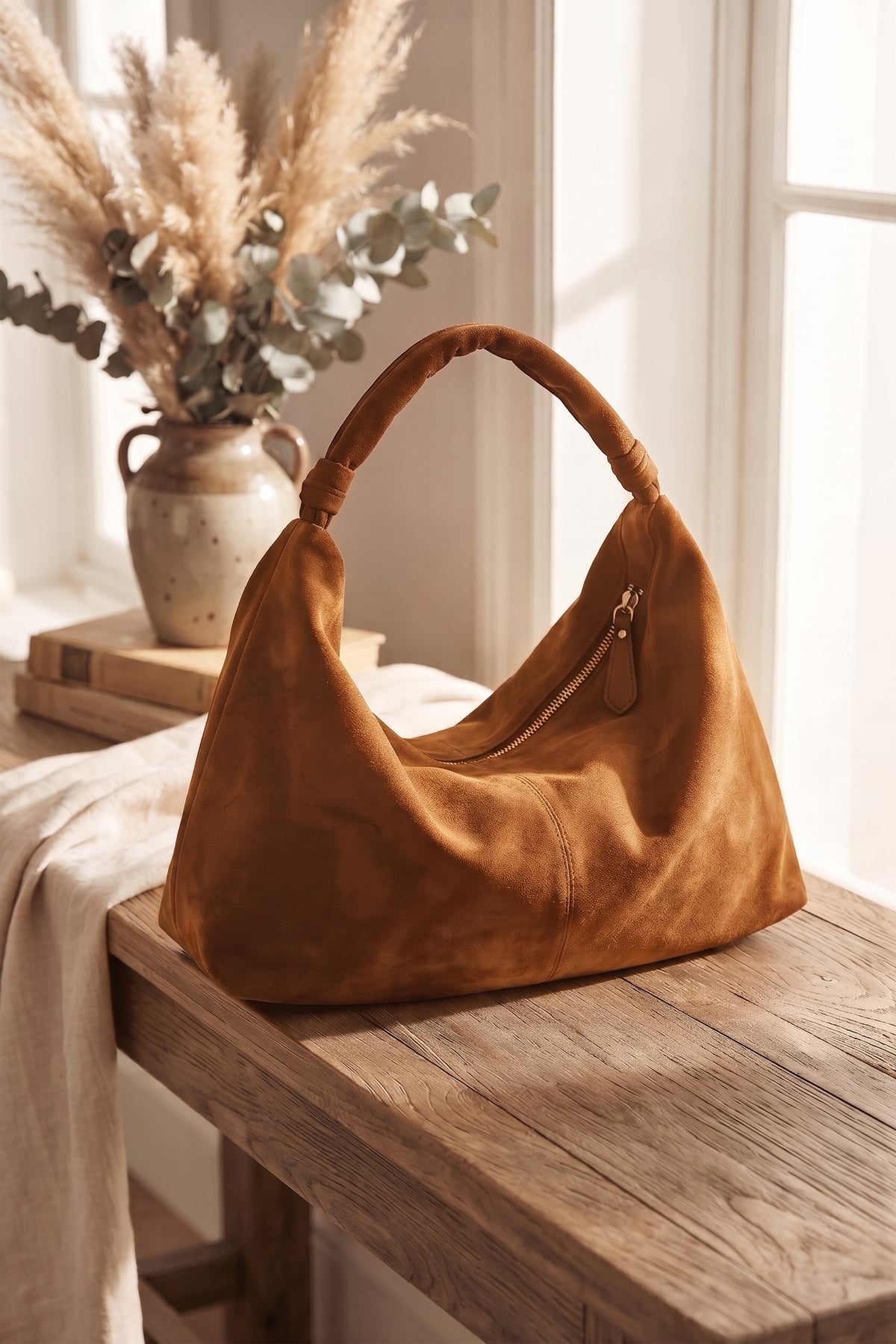 Borsa Hobo Scamosciata Cognac