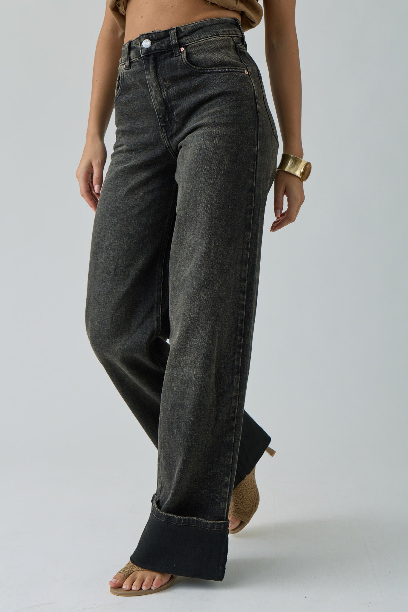 Jeans Con Piegone Denim Nero