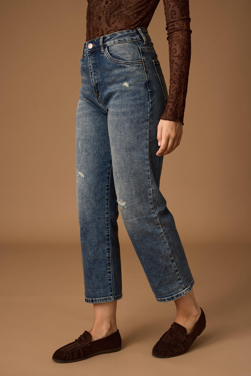 Jeans Boyfriend Con Strappi Denim