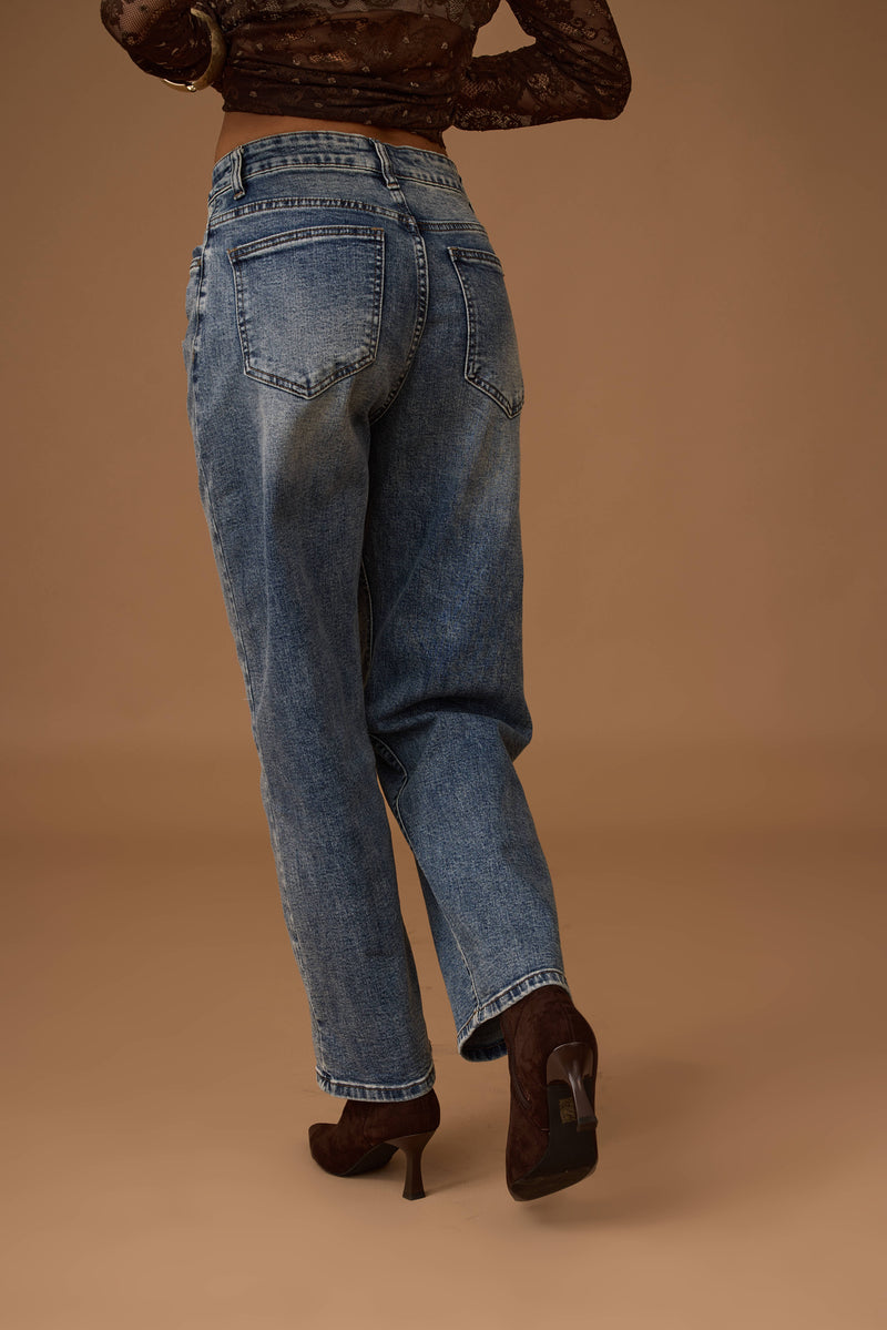Jeans Boyfriend Con Strappi Denim