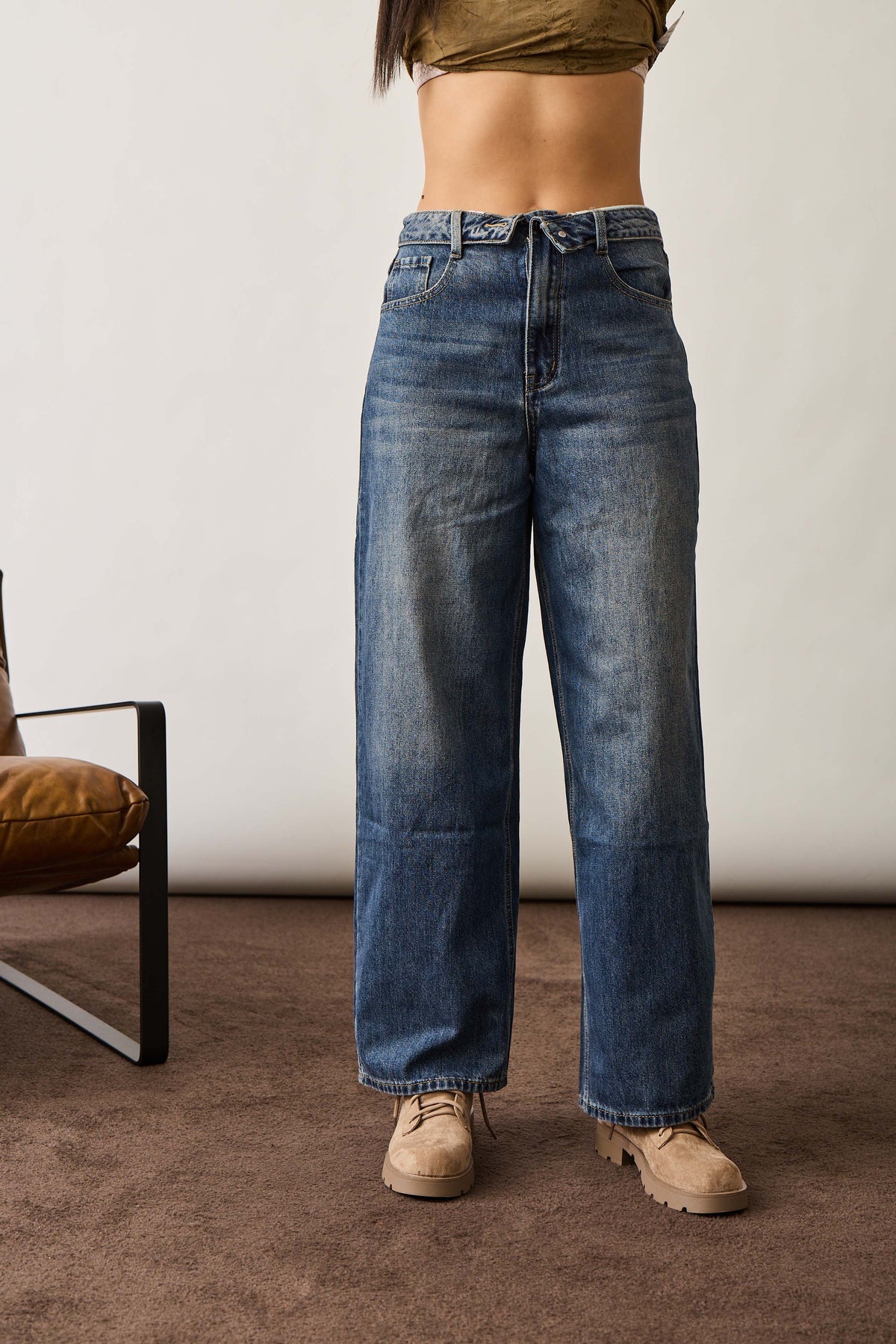 Jeans Con Risvolto In Vita Denim