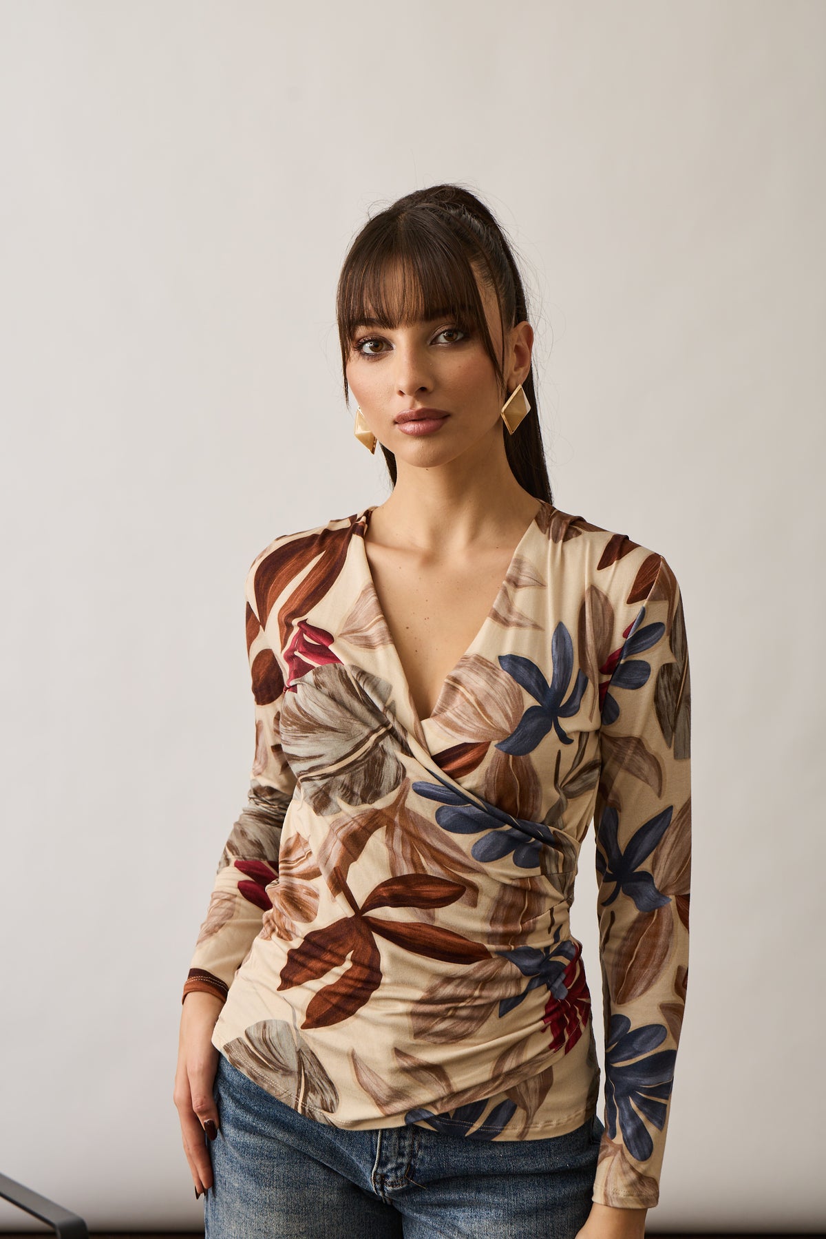 Maglia Incorcio Fantasia Foglie Beige