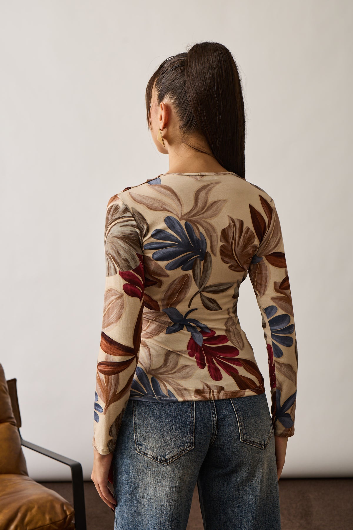 Maglia Incorcio Fantasia Foglie Beige