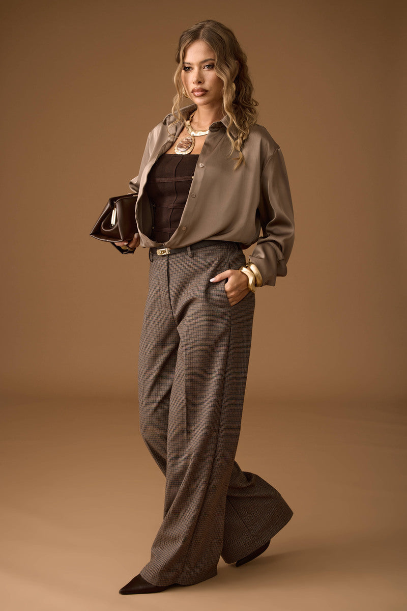 Pantalone Palazzo Pied De Poule Tabacco