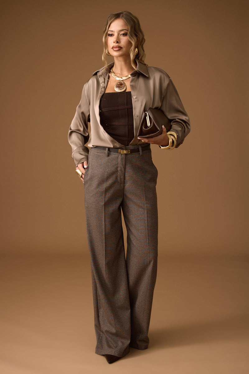 Pantalone Palazzo Pied De Poule Tabacco