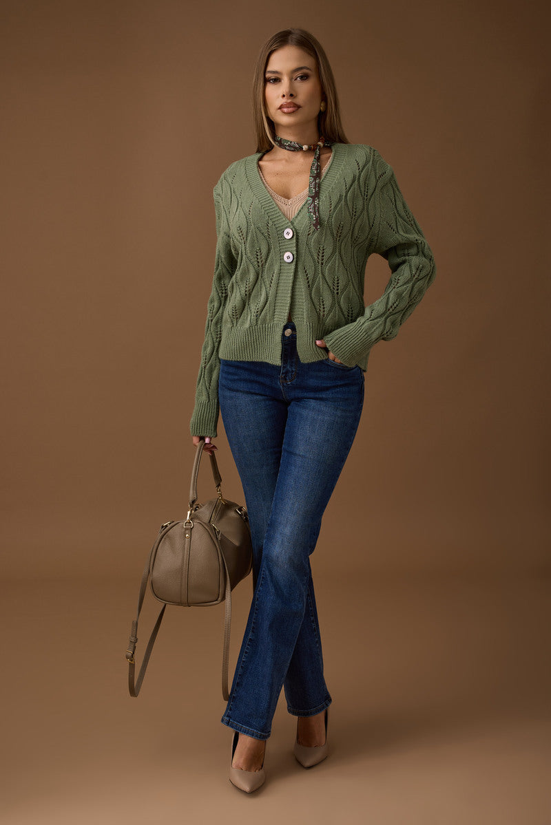 Cardigan Foglie Vestibilità Regolare Verde Salvia