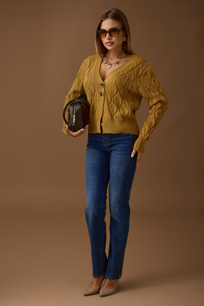 Cardigan Foglie Vestibilità Regolare Ocra