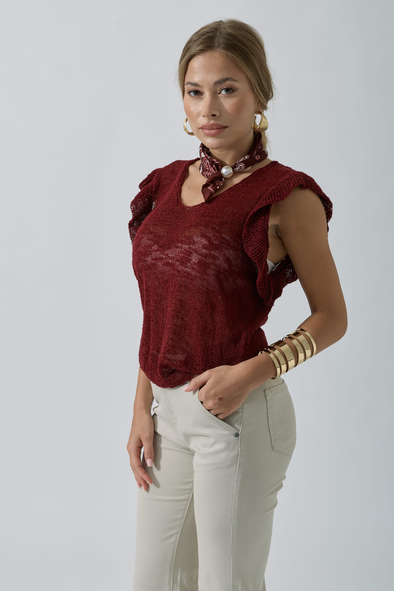 Maglia Scollo V Volant Bordeaux