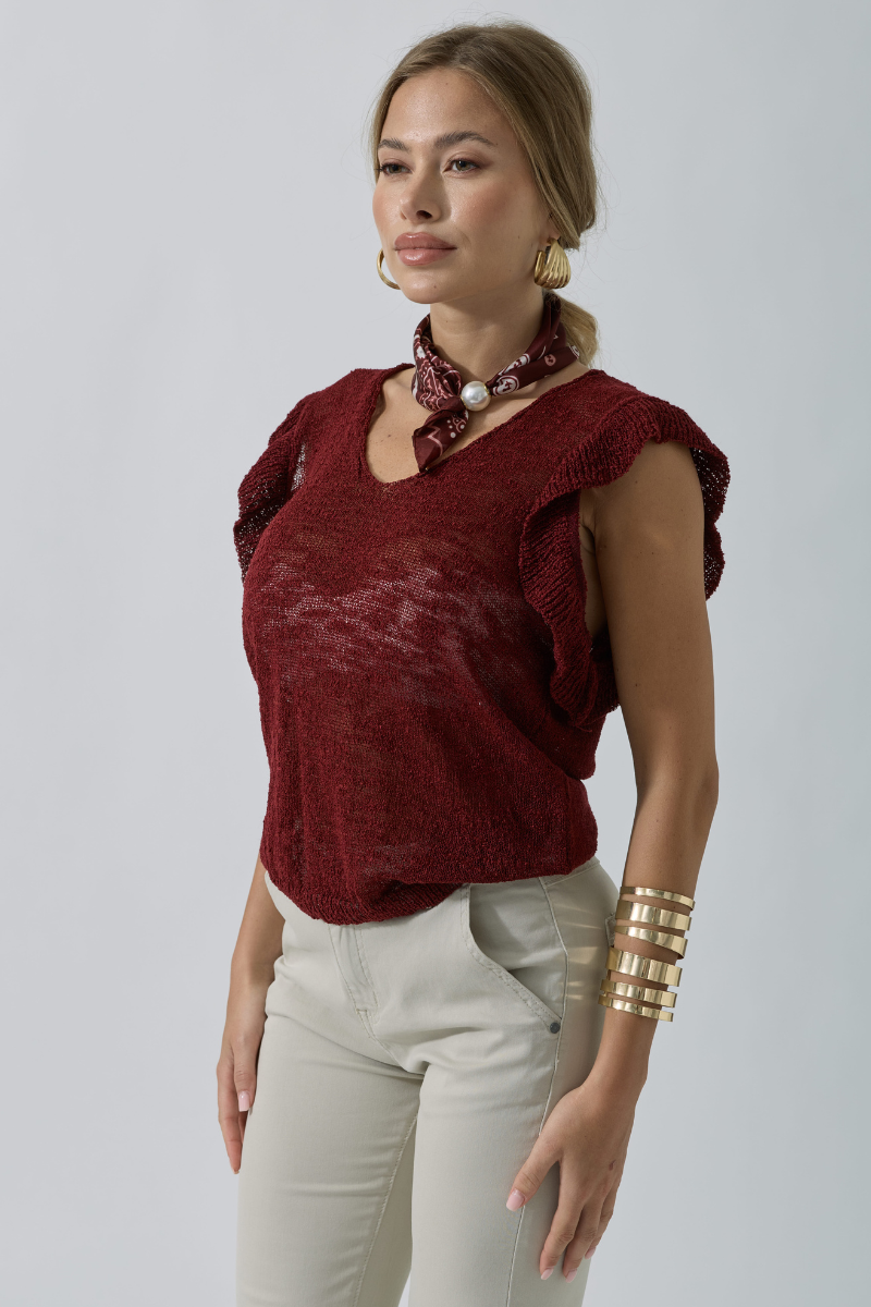 Maglia Scollo V Volant Bordeaux