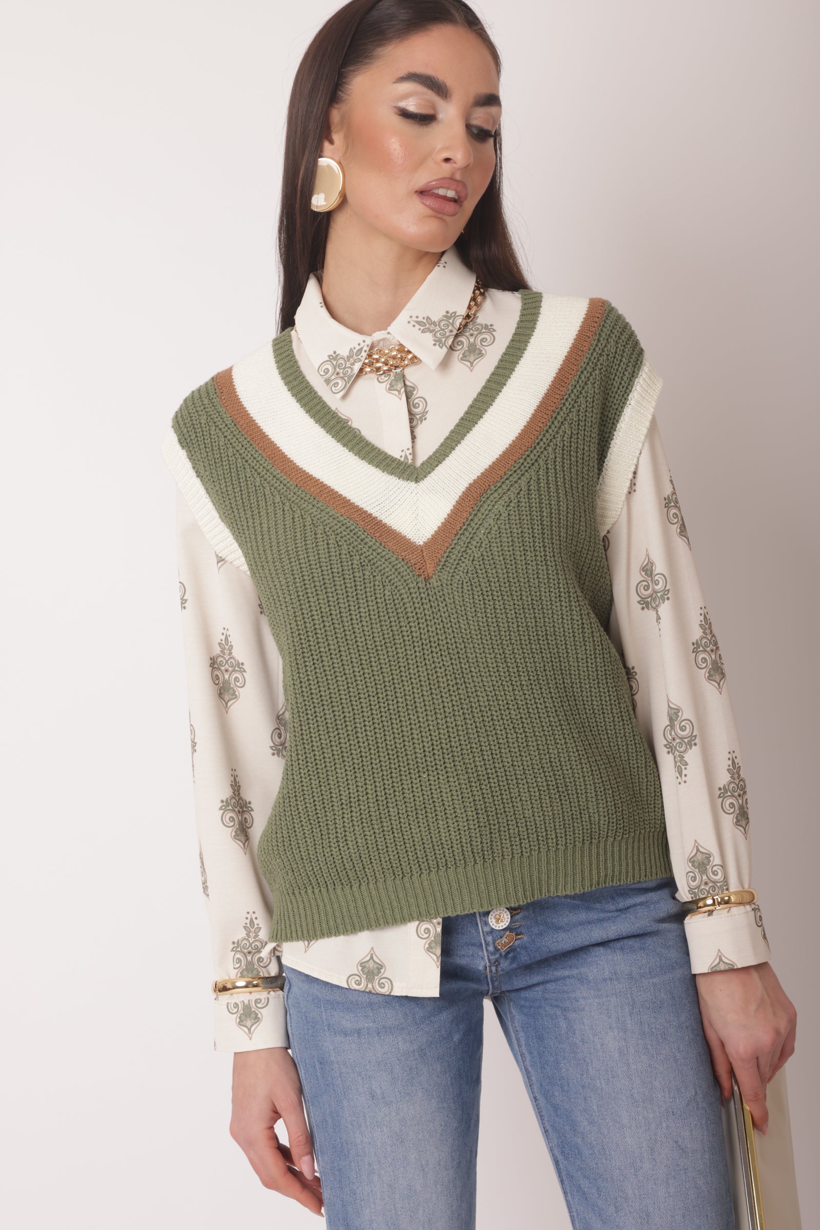 Gilet Scollo V Oxford Verde Militare