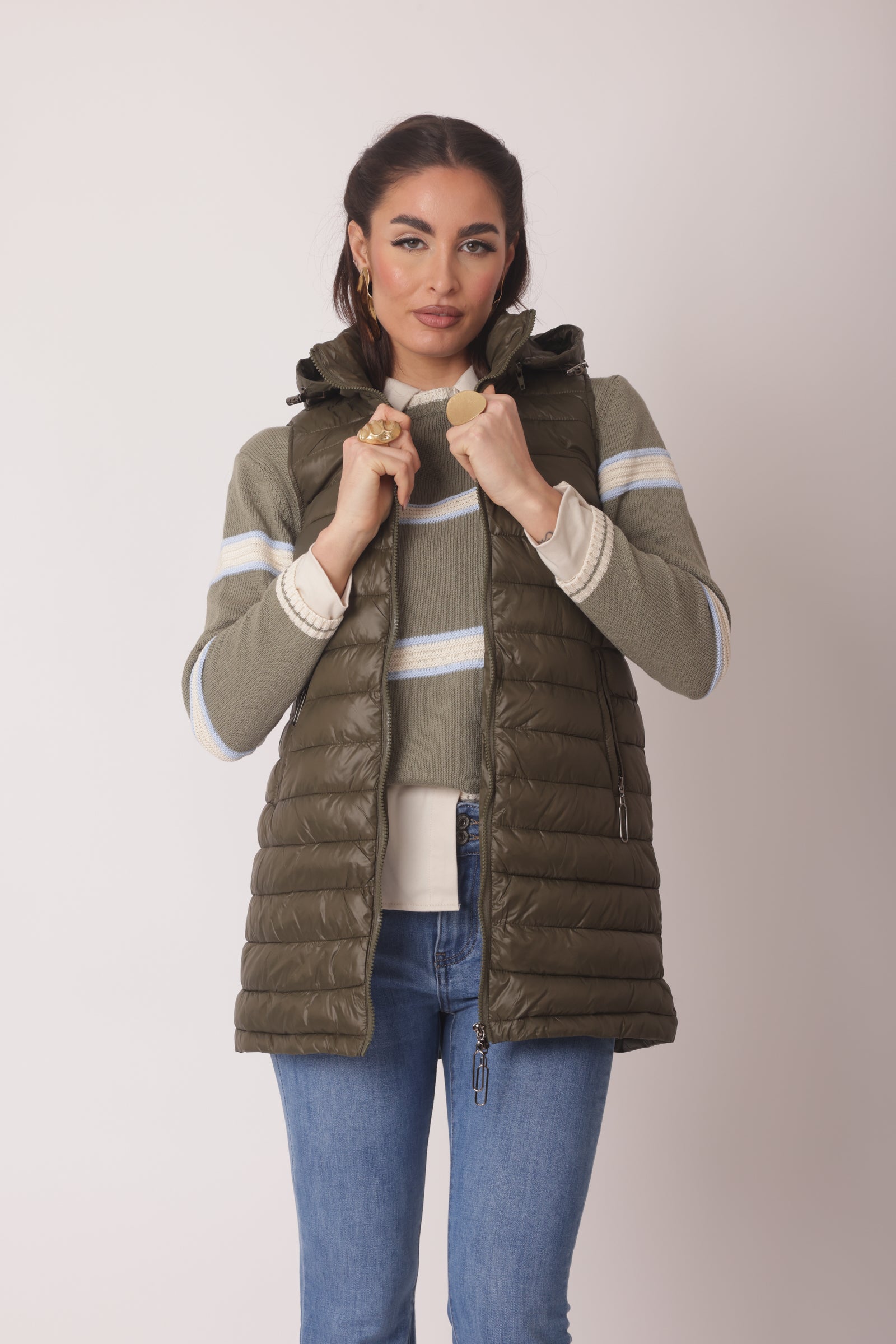 Piumino Smanicato Lungo Verde Militare