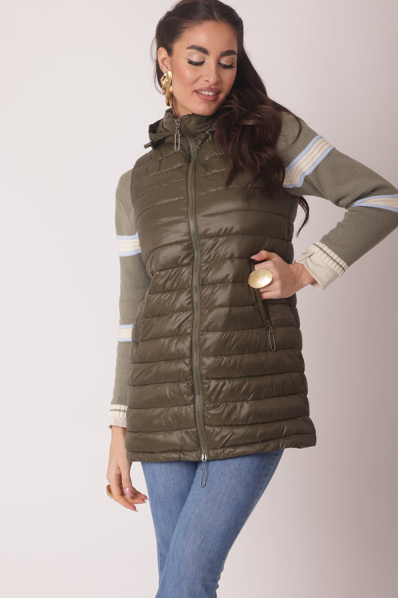 Piumino Smanicato Lungo Verde Militare