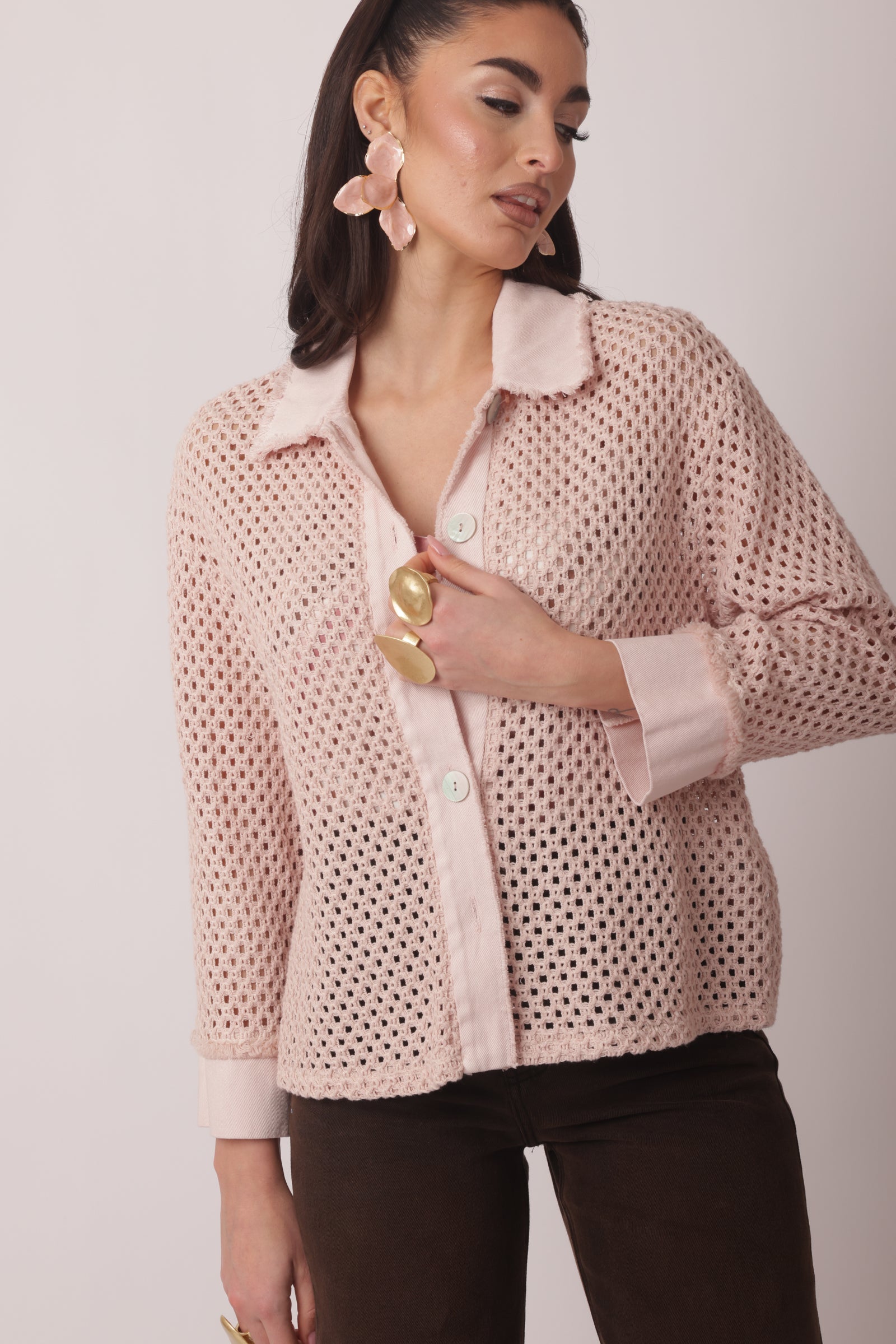 Cardigan In Maglia A Rete Rosa