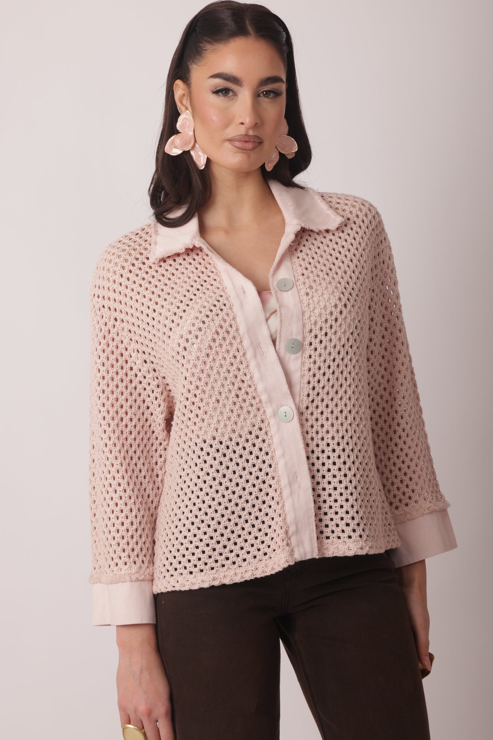 Cardigan In Maglia A Rete Rosa