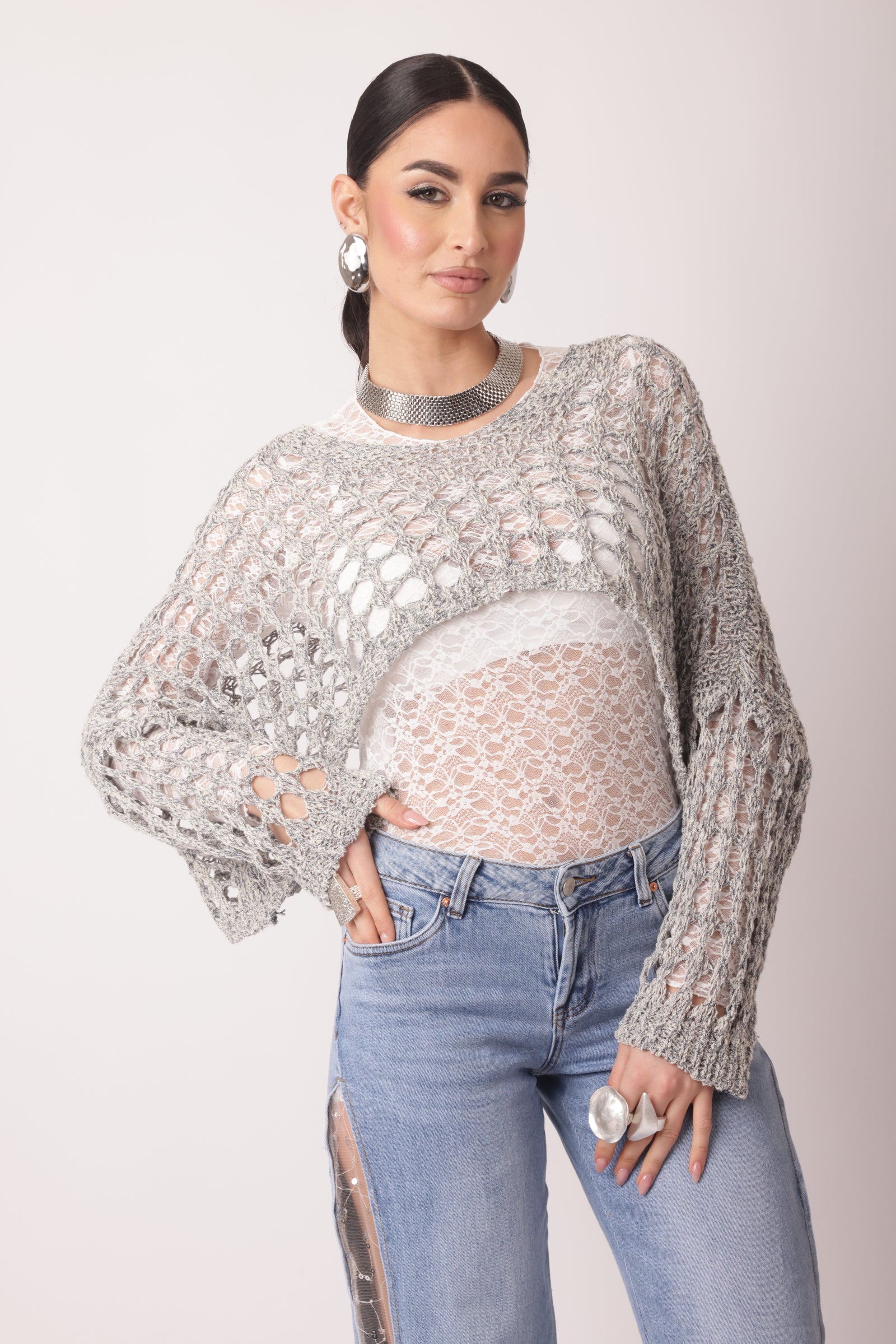 Maglia Filo Crop Traforata Blu