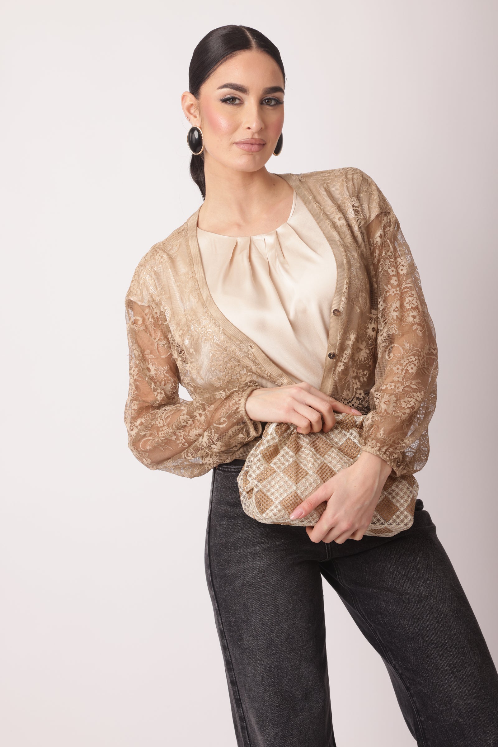 Cardigan Pizzo Carmen Cammello