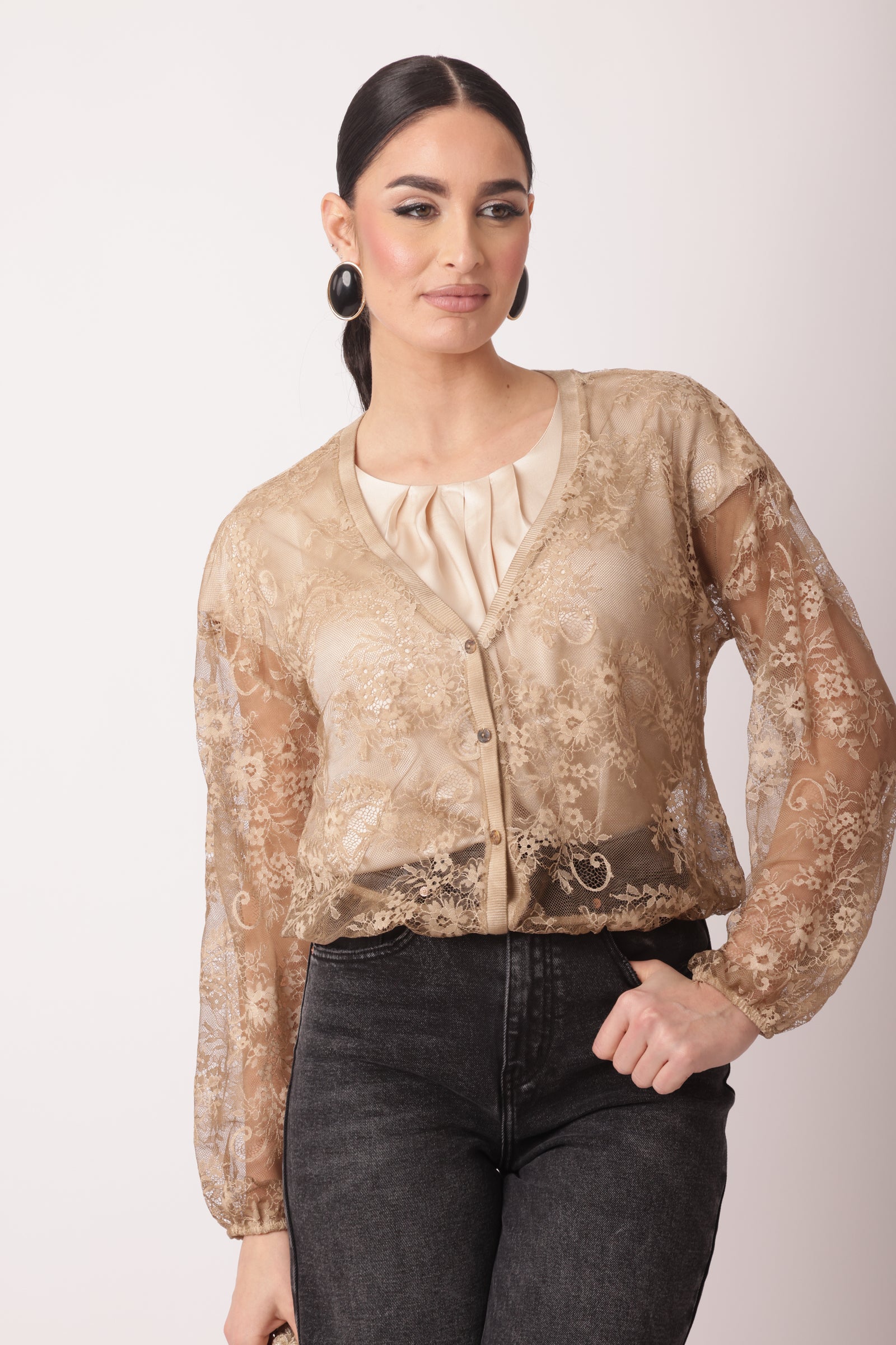 Cardigan Pizzo Carmen Cammello