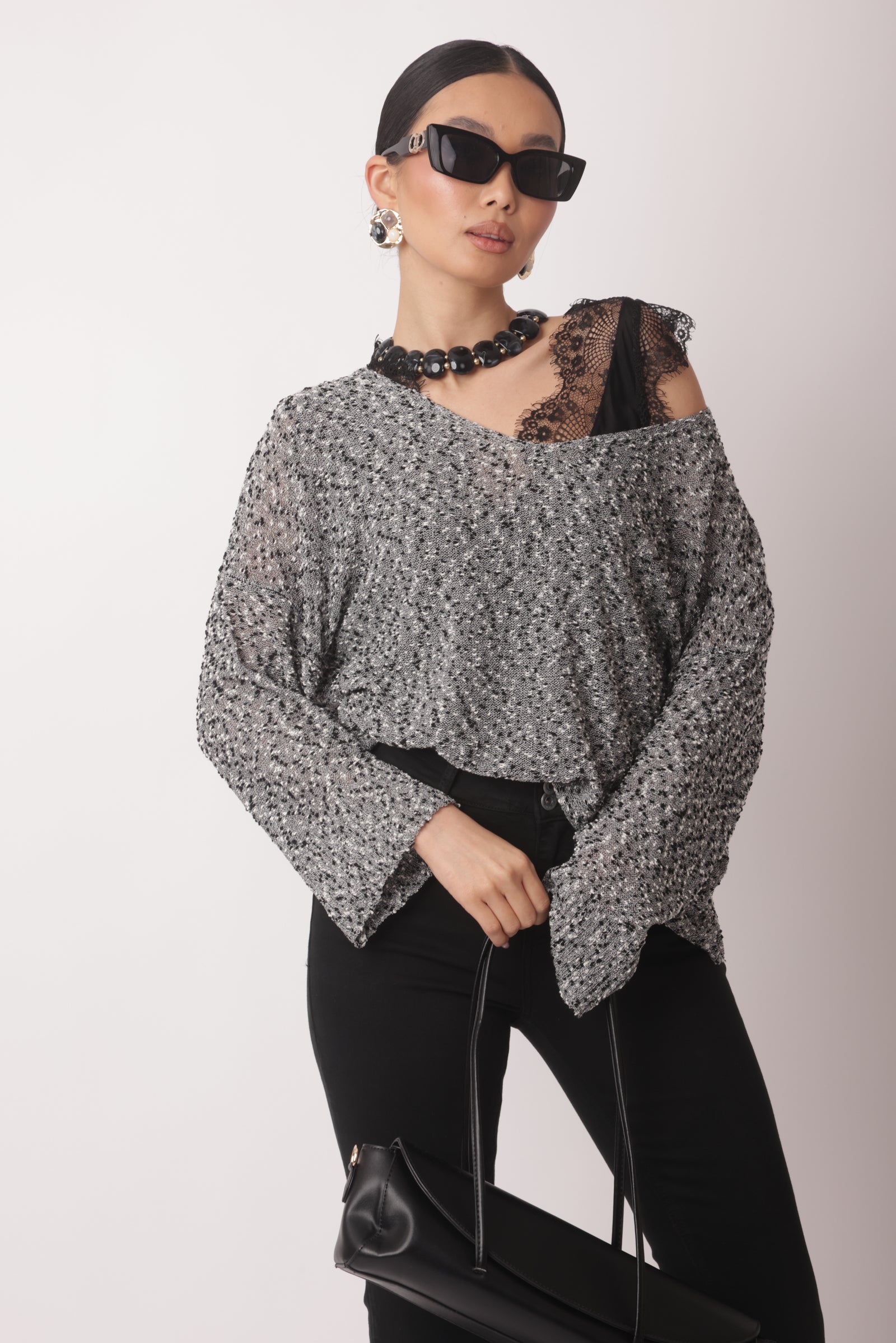 Maglia Scollo V Bouclé Over Nero