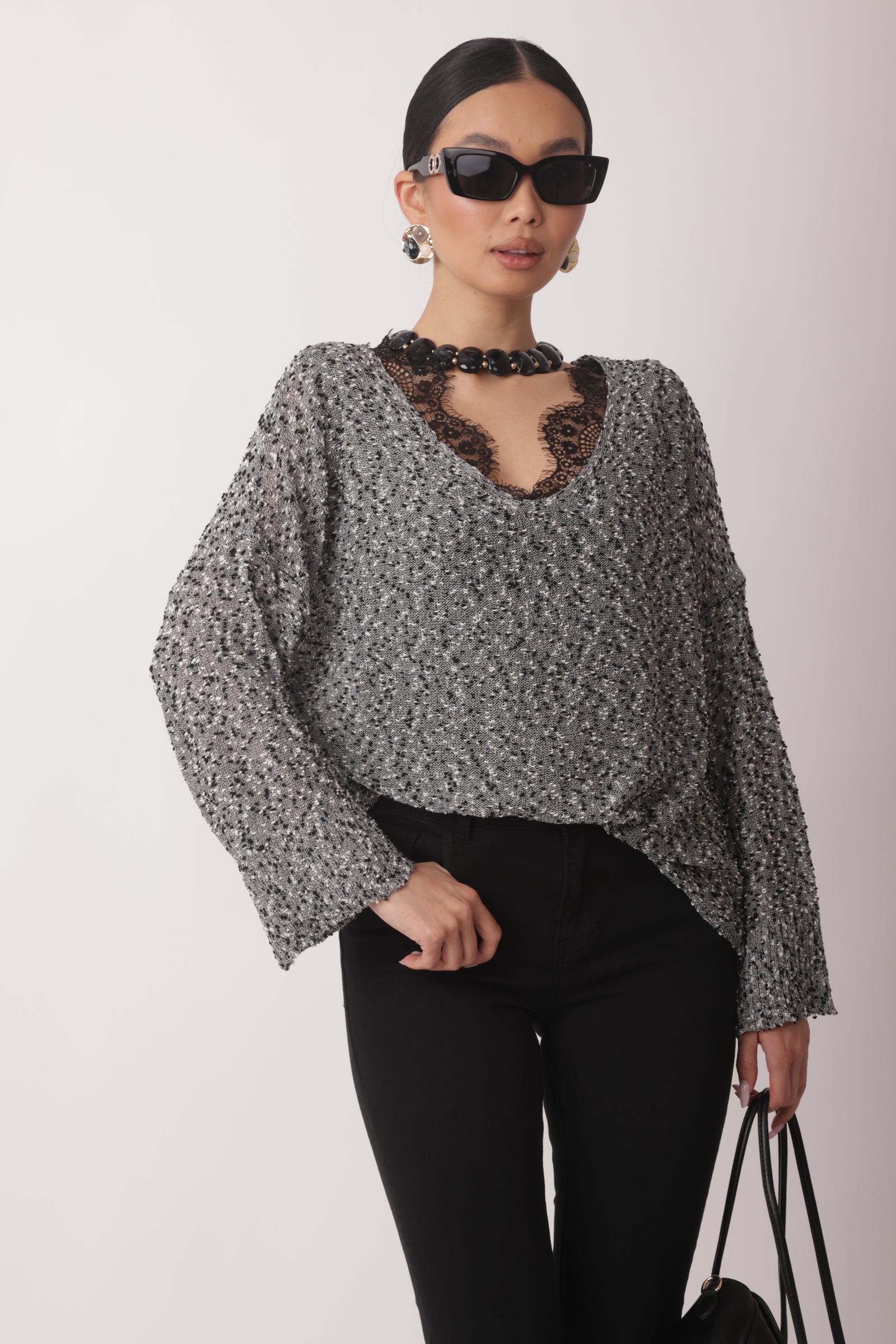 Maglia Scollo V Bouclé Over Nero